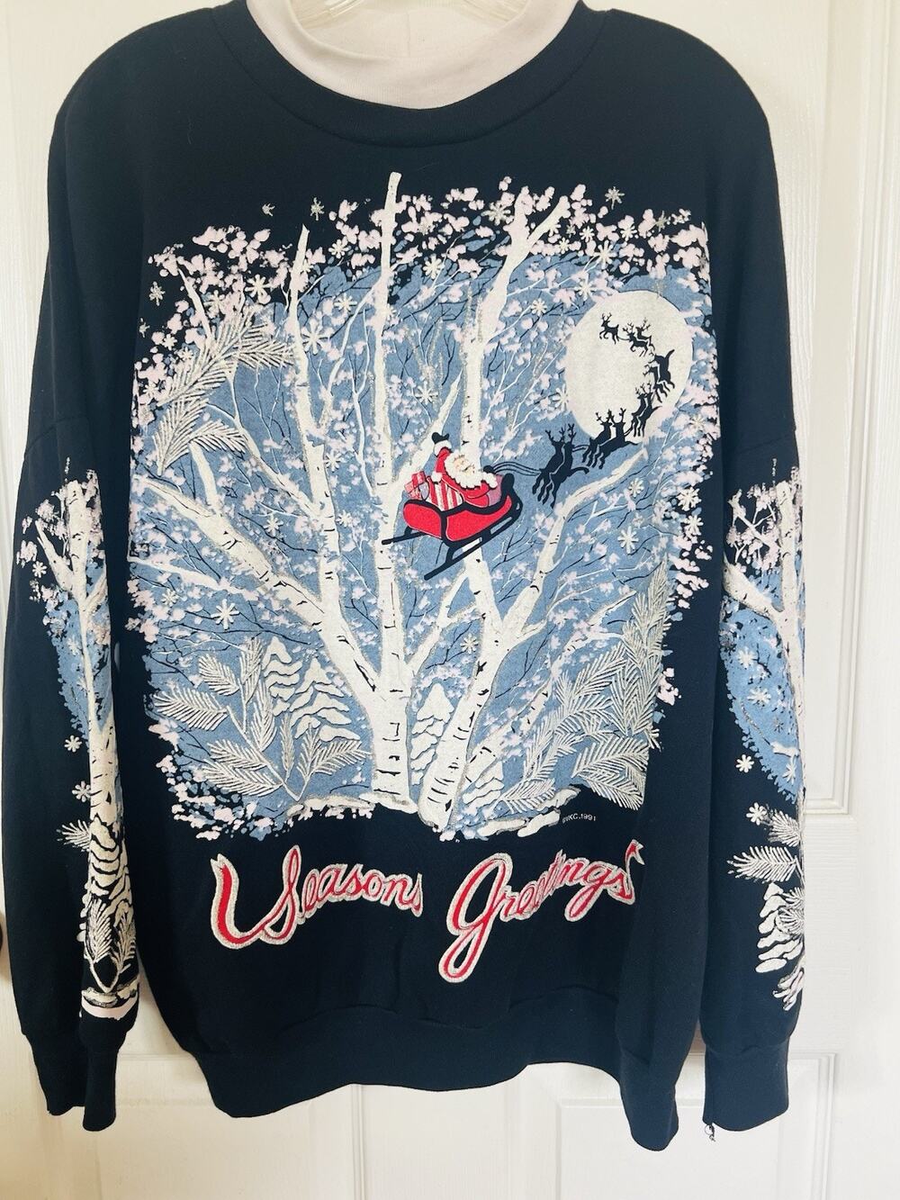 VTG 91 Nutcracker Seasons Greetings Sweatshirt Mock Neck Navy Christmas M L